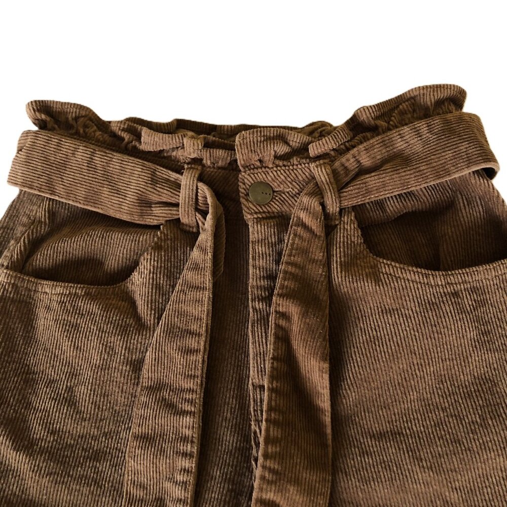 Tgla Corduroy Wide Leg Pants Belted Size XS W26 Paper bag Brown 4 Pockets - Picture 3 of 16